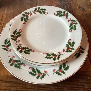 Holiday Holly Berry Plates - set of 3 - gold rim